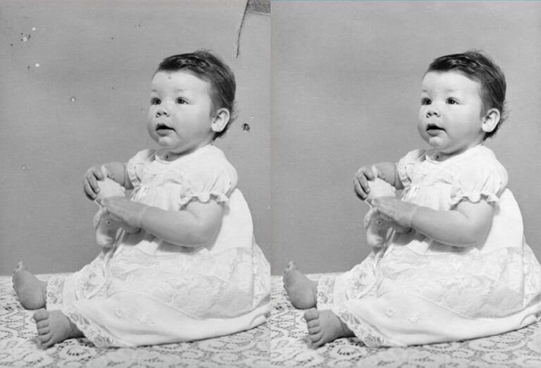 Two images of a baby side by side. The left image is the original with visible damage. The second is the restored image with all damage removed.